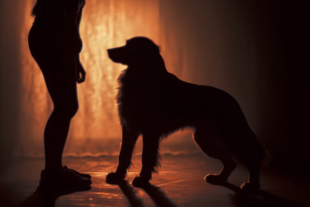 Silhouette of a woman and her dog in a dark roomの素材