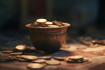 Coins in a pot on a background of money. Selective focus.の素材