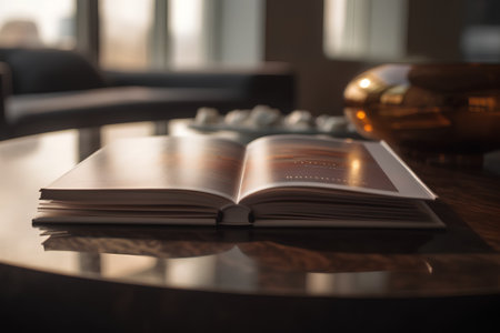 Open book on a wooden table in a restaurant. Selective focus.の素材