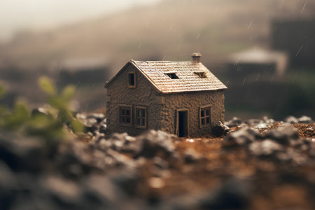 Miniature house in the rain. Property insurance concept. Selective focus.の素材