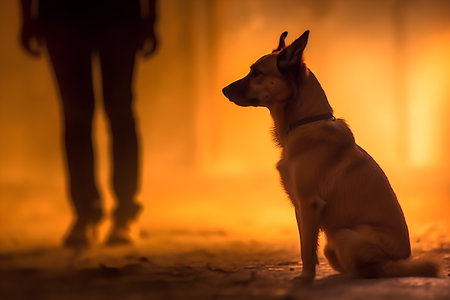 Dog in front of a blurred silhouette of a woman on the backgroundの素材
