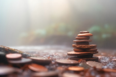 zen stones in misty forest, conceptual image of meditation and balanceの素材