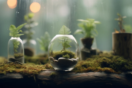 Small plant in glass vase on moss with bokeh backgroundの素材