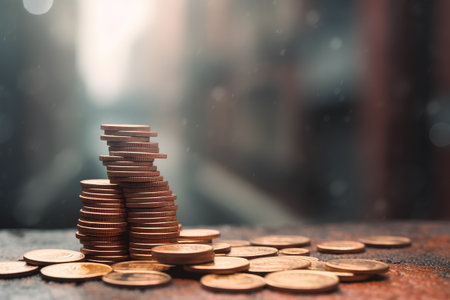 Coins stack with rain and bokeh background, business conceptの素材