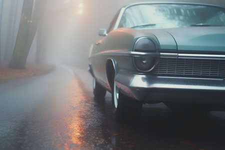 Classic car on the road in the fog. Retro style image.の素材