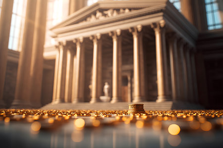 Close-up of golden coins in front of the Greek parliament buildingの素材