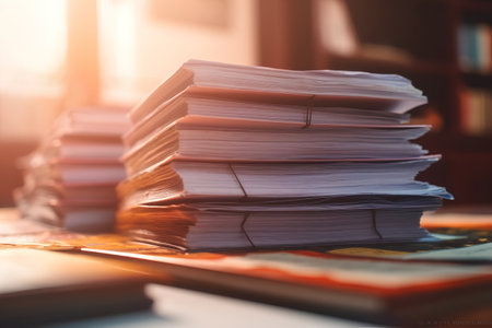 Stack of documents on office desk. Stack of business paper. Selective focus.の素材