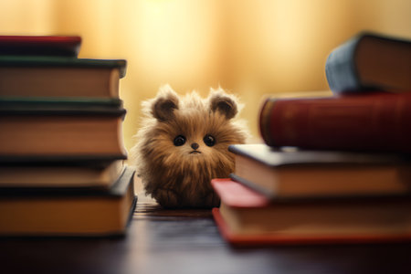 Cute fluffy bunny sitting on a stack of books. Education concept.の素材