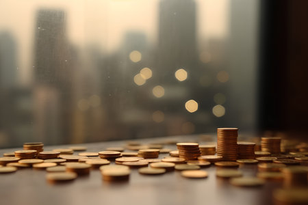Coins stack on table with city bokeh background. Financial and banking concept.の素材