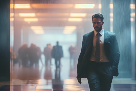 Businessman walking in the lobby of a modern office building. Business people.の素材