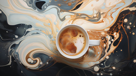 Cup of coffee with milk splash on abstract background. 3d renderingの素材