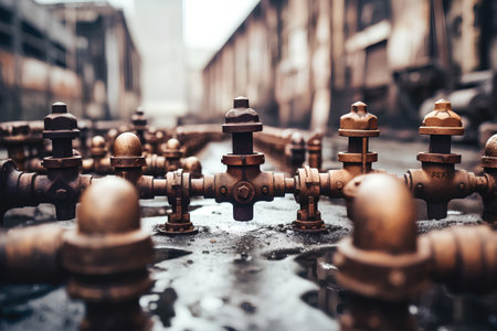 Pipes and valves in an old factory. Selective focus.の素材