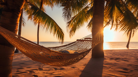 Hammock on the beach with palm trees at sunset time.の素材