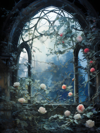 3D rendering of a beautiful fantasy landscape with flowers in the windowの素材