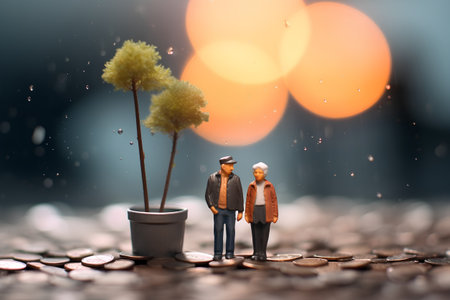 Miniature people : Senior couple standing on coins and tree with rain.の素材