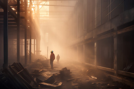 A man in a helmet and a jacket is standing in an abandoned factory. The concept of industrial pollutionの素材