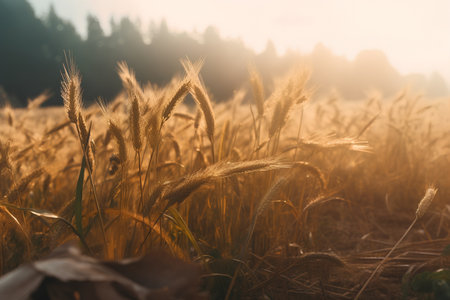 Wheat field at sunset. Golden ears of wheat close-upの素材