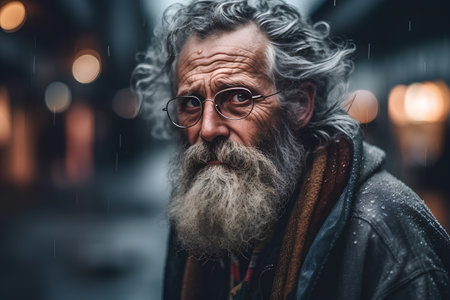 Portrait of an old man with a long gray beard and mustache in the city.の素材