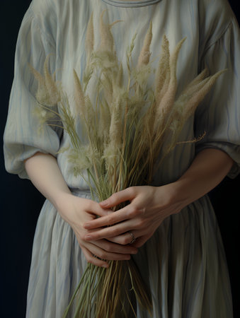 Bouquet of dried grass in the hands of a girl.の素材