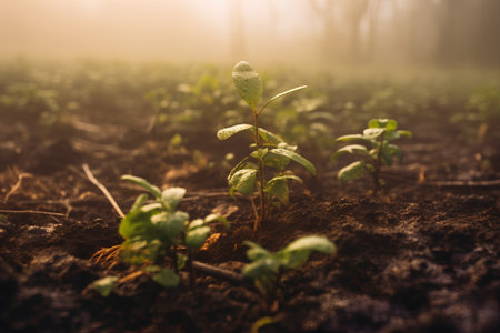 Young green sprout growing from soil in the morning light. New life conceptの素材