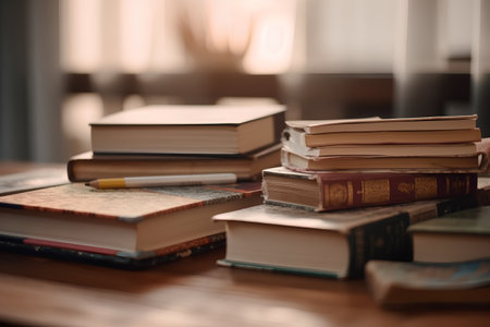 Books on the table. Selective focus. Shallow depth of field.の素材