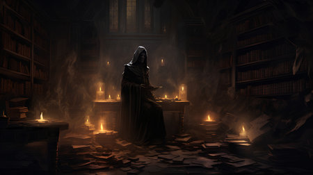 Mysterious dark room with old books and a woman in a black robeの素材