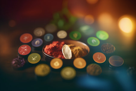 Spices and herbs on a dark background. Selective focus.の素材