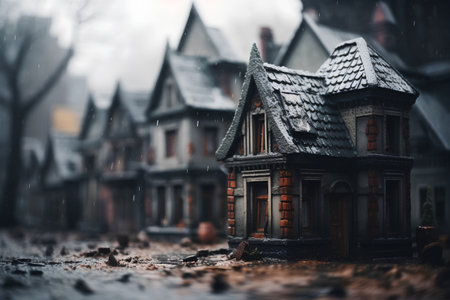 Miniature houses in the rain. Halloween concept. Selective focus.の素材