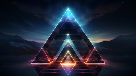 Futuristic abstract background with neon triangle and mountains. 3d renderingの素材