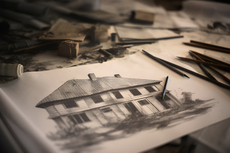 Drawing of a house on paper with pencils. Selective focus.の素材