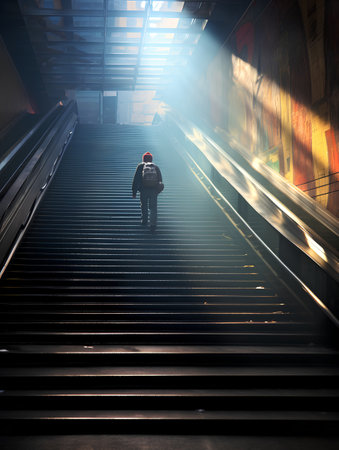 Man on an escalator in the subway station. Conceptual imageの素材
