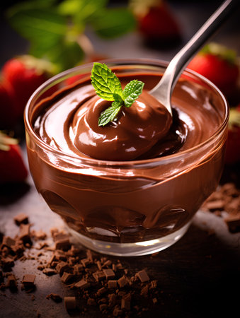 Chocolate pudding in a glass bowl with strawberries and mint on a dark backgroundの素材