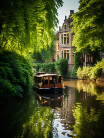 Boat on the canal in the city of Bruges, Belgiumの素材