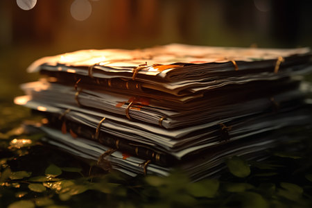 Pile of old magazines on the grass in the forest. Selective focus.の素材