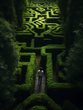 Young man looking at the maze in the forest. 3d renderingの素材