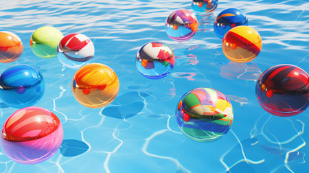 Colorful easter eggs floating in a swimming pool. 3d renderingの素材
