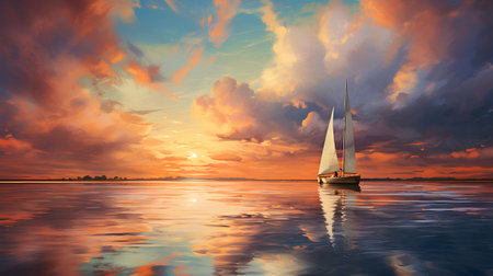 Sailing yacht in the sea at sunset, 3d render.の素材