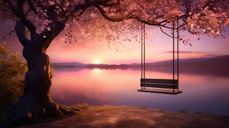 Beautiful landscape with a swing on the lake at sunset. 3d renderingの素材