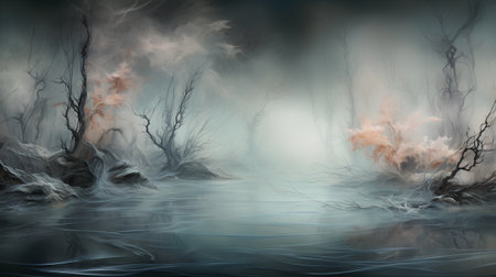 Fantasy landscape with fog and trees in the water. 3d renderの素材