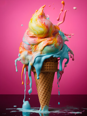 Colorful ice cream in waffle cone with splash on pink backgroundの素材