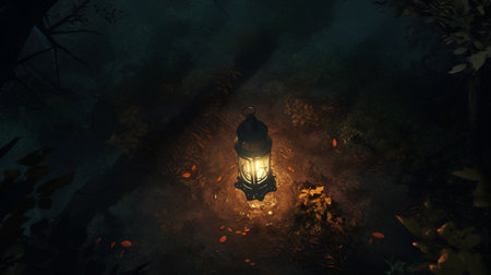Lantern in the forest. 3d illustration. Conceptual image.の素材
