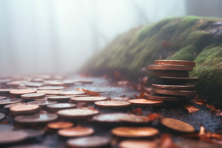 Coins on the ground in the forest. Conceptual image of financial success.の素材