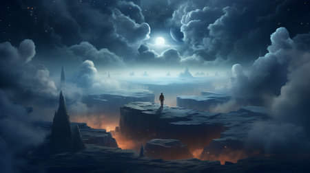 Man standing on top of a mountain and looking at the moon.の素材