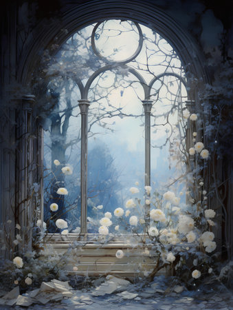 Mysterious gothic interior with arch and white roses.の素材