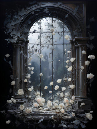 3D render of a vintage window with white roses in a dark roomの素材
