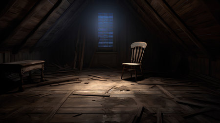 Empty room with an old chair in the dark. 3D renderingの素材