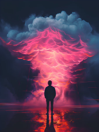 Man in front of a huge thundercloud. 3D illustration.の素材