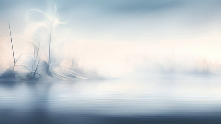 Foggy winter landscape with frozen lake. Abstract nature background.の素材
