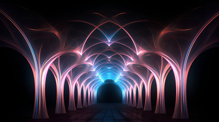 3d rendering of abstract futuristic tunnel with glowing lines on black backgroundの素材