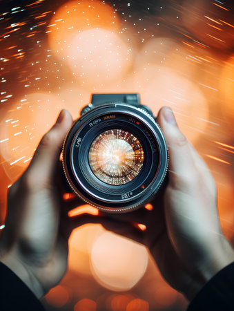 Photographer hands with camera on bokeh background, close upの素材